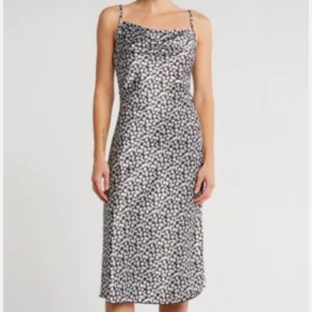 Bebe Black White Ditzy Floral Midi Slip Dress Size L Stretch Satin NEW Cowl Neck